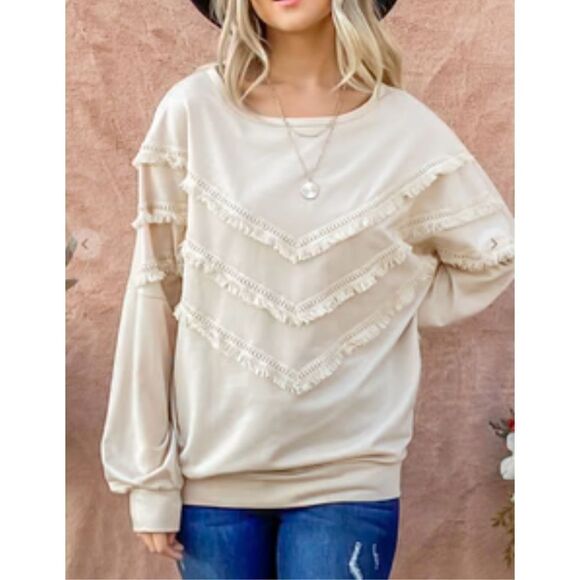 ANDTHEWHY Long Sleeve Ruffle Fringe Boho Style Size Large Long Sleeve Top Sweats - Picture 2 of 7